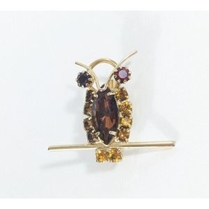 Rhinestone Owl On Branch Shaped Brooch Gold Toned Vintage